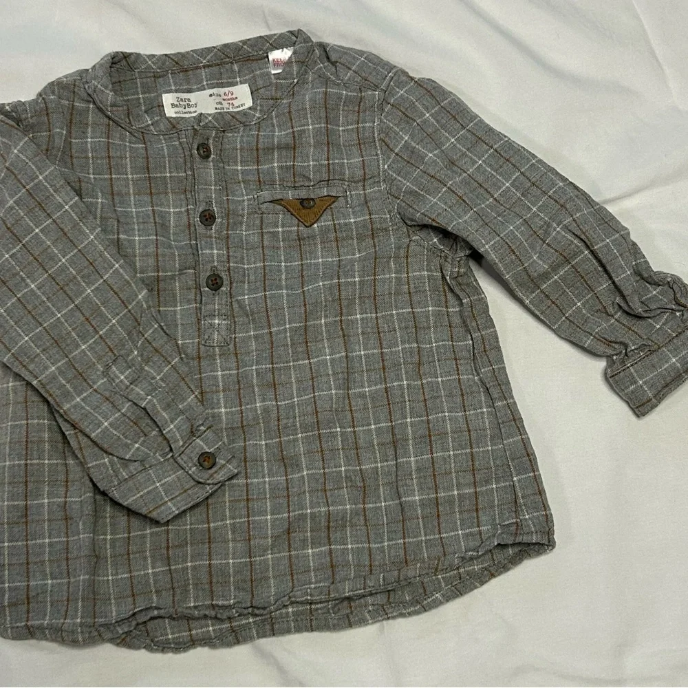Zara Kids Gray and Brown Plaid Button Down‎ Shirt